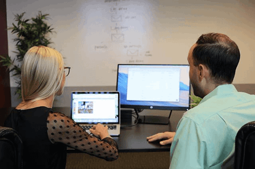 Two employees looking at two computer screens.