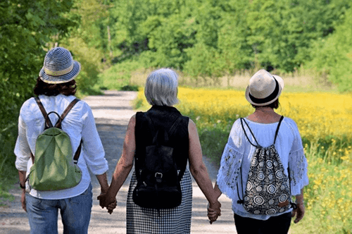 Three women walking through the park.