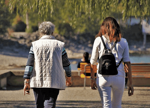 Women walking in a park.