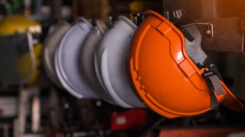 a row of hard hats